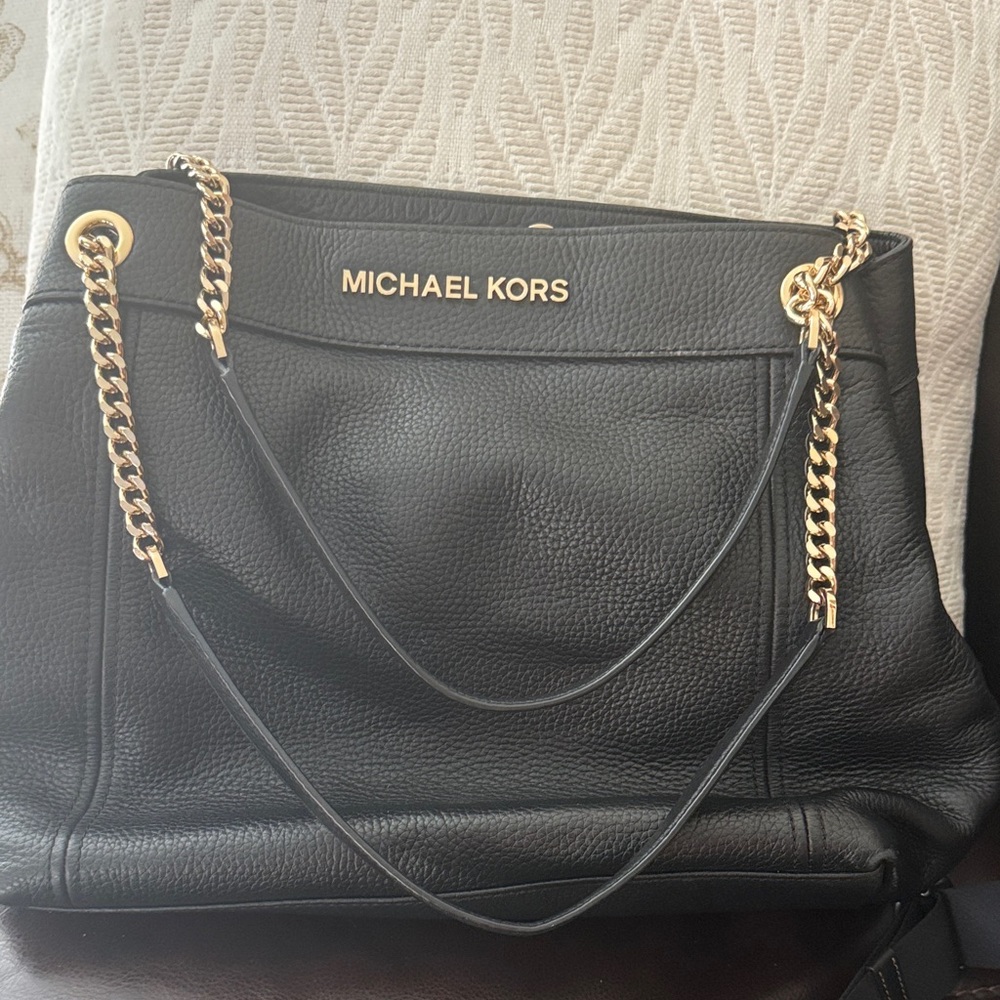 Michael Kors Black Pebbled Leather Tote with Gold Chain Detail